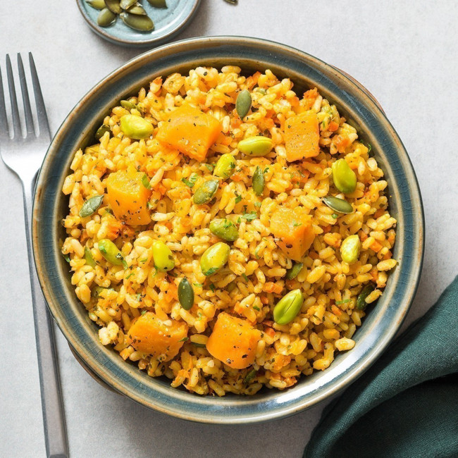 Risotto butternut, graines de courge et pistache et son jus carotte gingembre