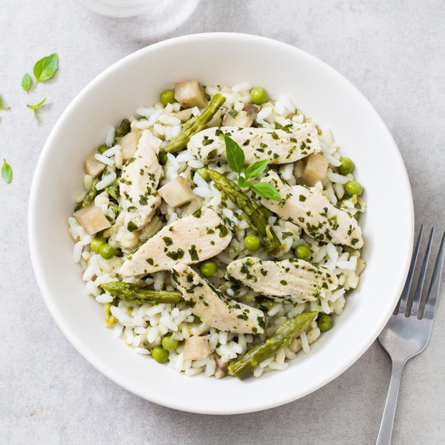 Risotto primavera et son émincé de poulet