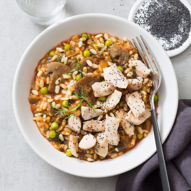 Risotto forestier aux graines de pavot et émincé de poulet 