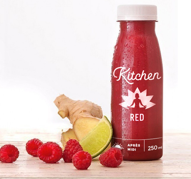Jus détox RED - Pomme, framboise, litchi, lime, baie de goji, gingembre et fleur d'Hibiscus