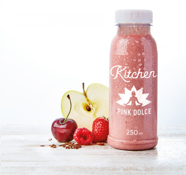 Pink Dolce : pomme, yaourt, framboise, fraise, cerise, banane, orange, avoine, graine de lin